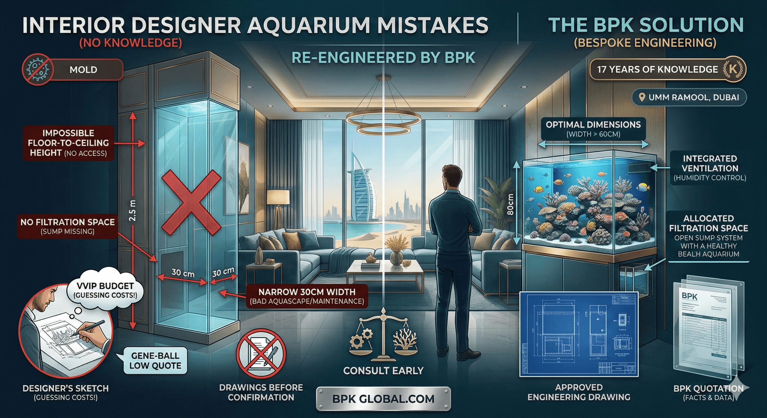 Comparison of interior designer aquarium design mistakes versus the BPK Bespoke Engineering solution in Dubai, highlighting height, filtration, and ventilation errors.