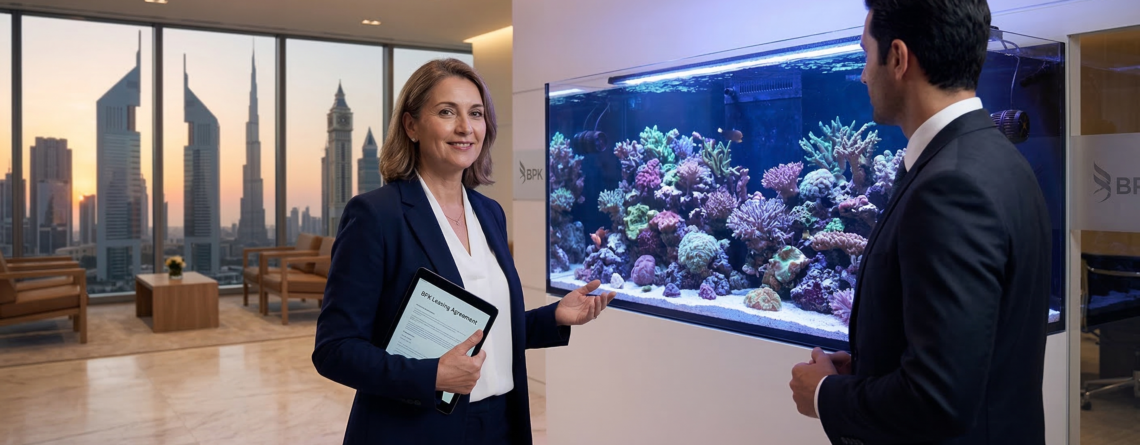 A luxury built-in marine reef aquarium in a high-end Dubai office lobby overlooking the Burj Khalifa, illustrating BPK Global's corporate aquarium leasing service