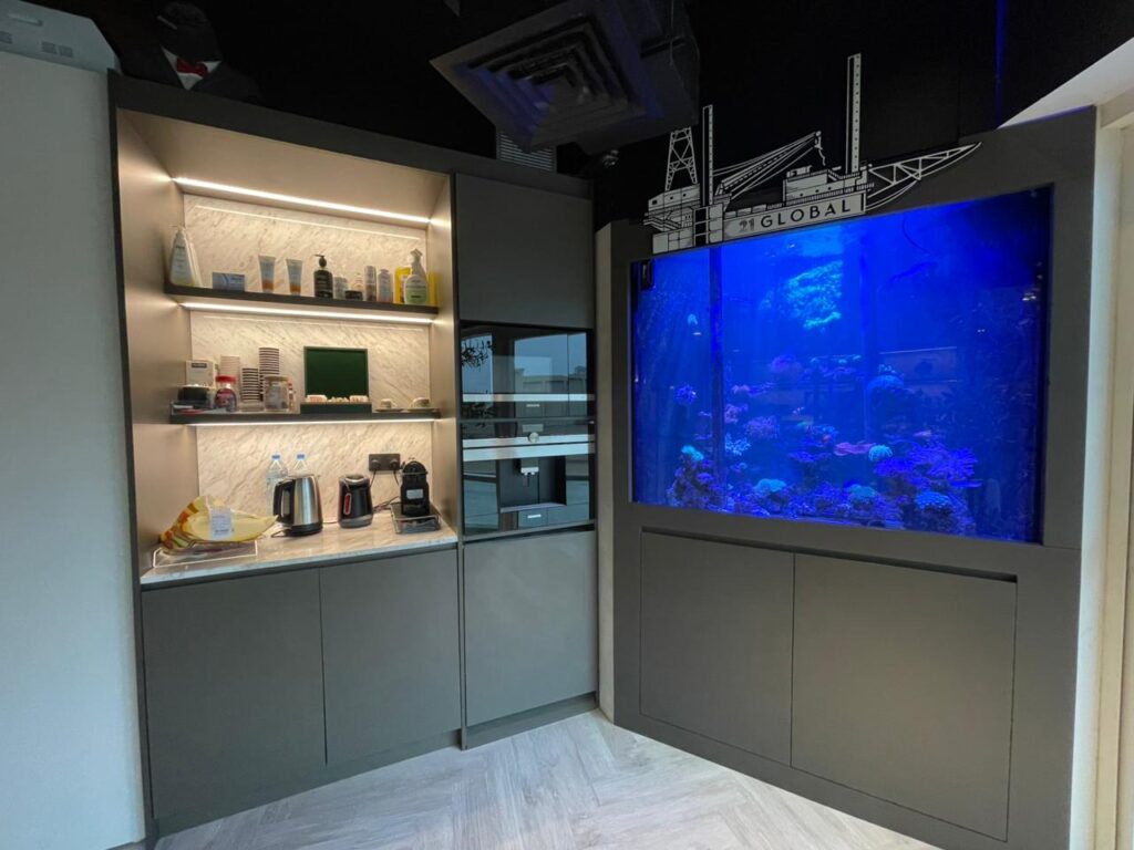 Bespoke marine reef tank office partition in Rashidiya Dubai, converted from a freshwater aquarium by BPK engineering hub